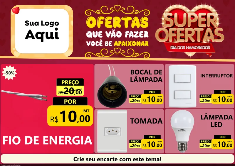 Modelo de Encarte para Encarte A4 Horizontal com o tema Dia dos Namorados para Materiais Elétricos