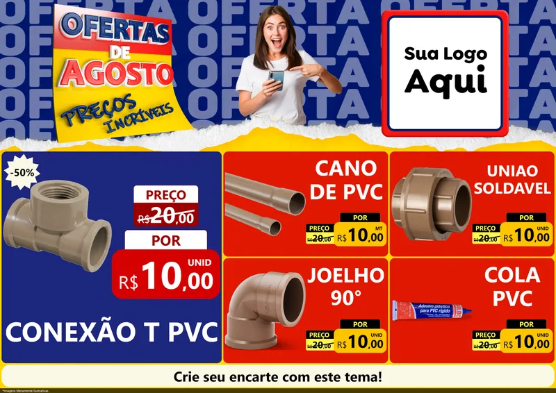Modelo de Encarte para Encarte A4 Horizontal com o tema Ofertas de Agosto - Preços Incríveis para Tubos e conexões