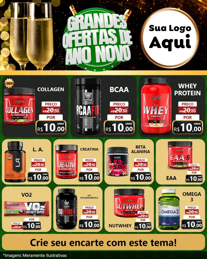 Modelo de Rede Social para Feed Instagram com o tema Grandes Ofertas de Ano Novo para Suplementos alimentares
