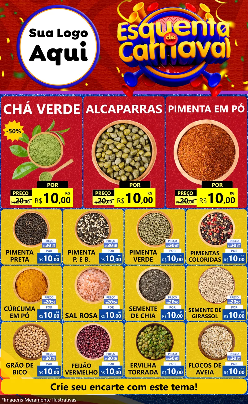 Modelo de Encarte para Encarte Grande com o tema Esquenta de Carnaval para Produtos Naturais