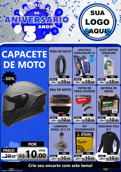 Modelo de Encarte para Encarte A4 Vertical com o tema Promoção de Aniversário - 3 Anos para Moto peças