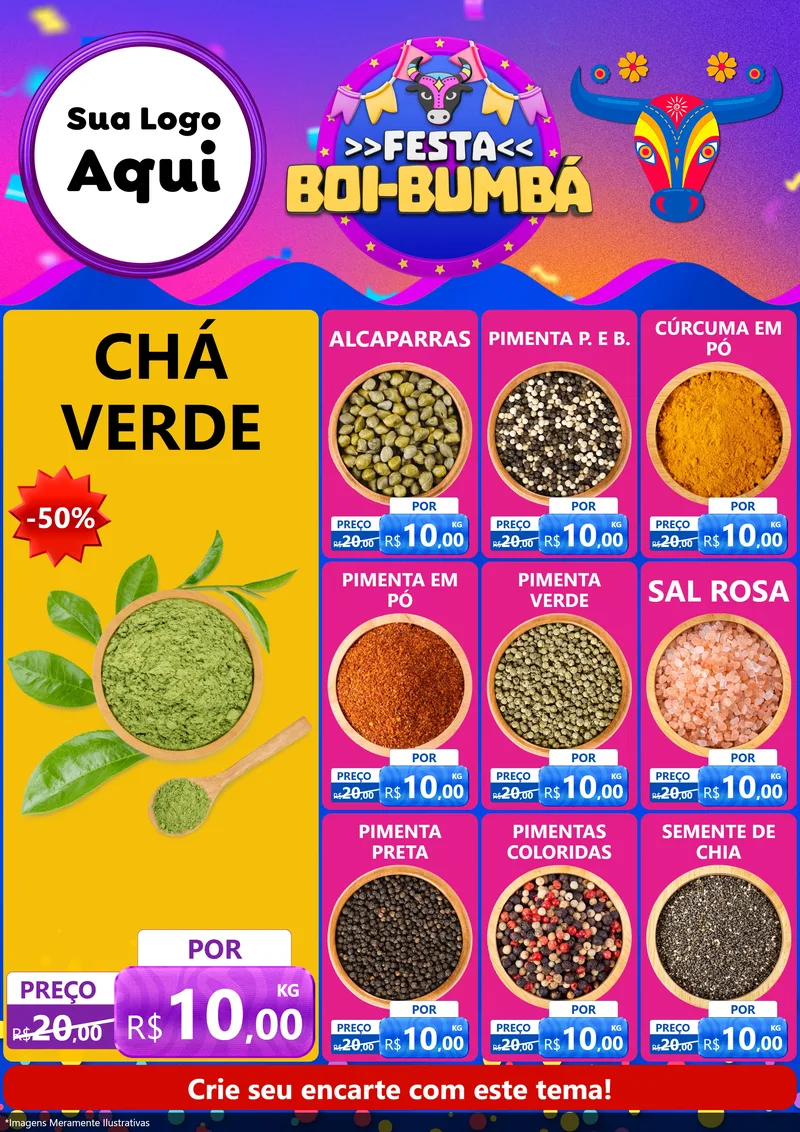 Modelo de Encarte para Encarte A4 Vertical com o tema Festa Boi-Bumbá para Produtos Naturais
