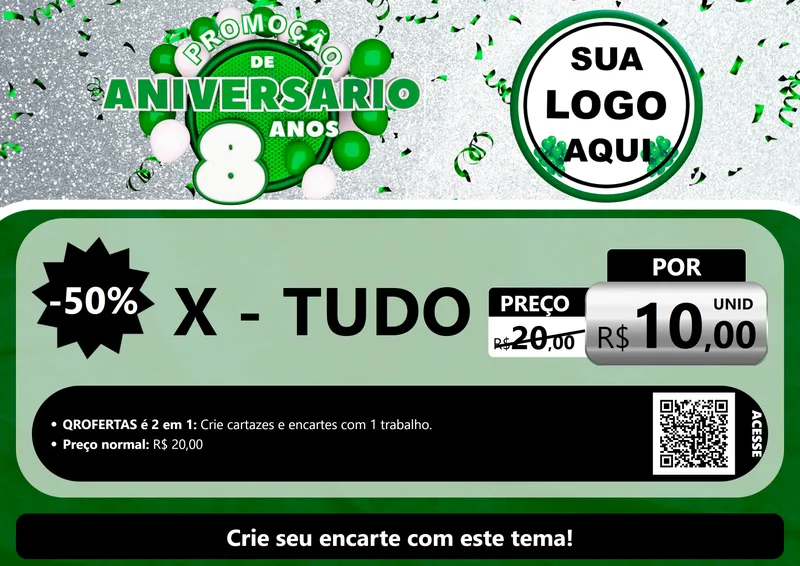 Modelo de Cartaz para Cartaz A4 Horizontal com o tema Promoção de Aniversário - 8 Anos para Hamburgueria