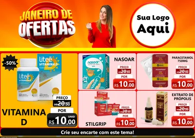 Modelo de Encarte para Encarte A4 Horizontal com o tema Janeiro de Ofertas para Farmácia