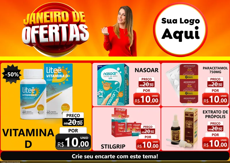 Modelo de Encarte para Encarte A4 Horizontal com o tema Janeiro de Ofertas para Farmácia
