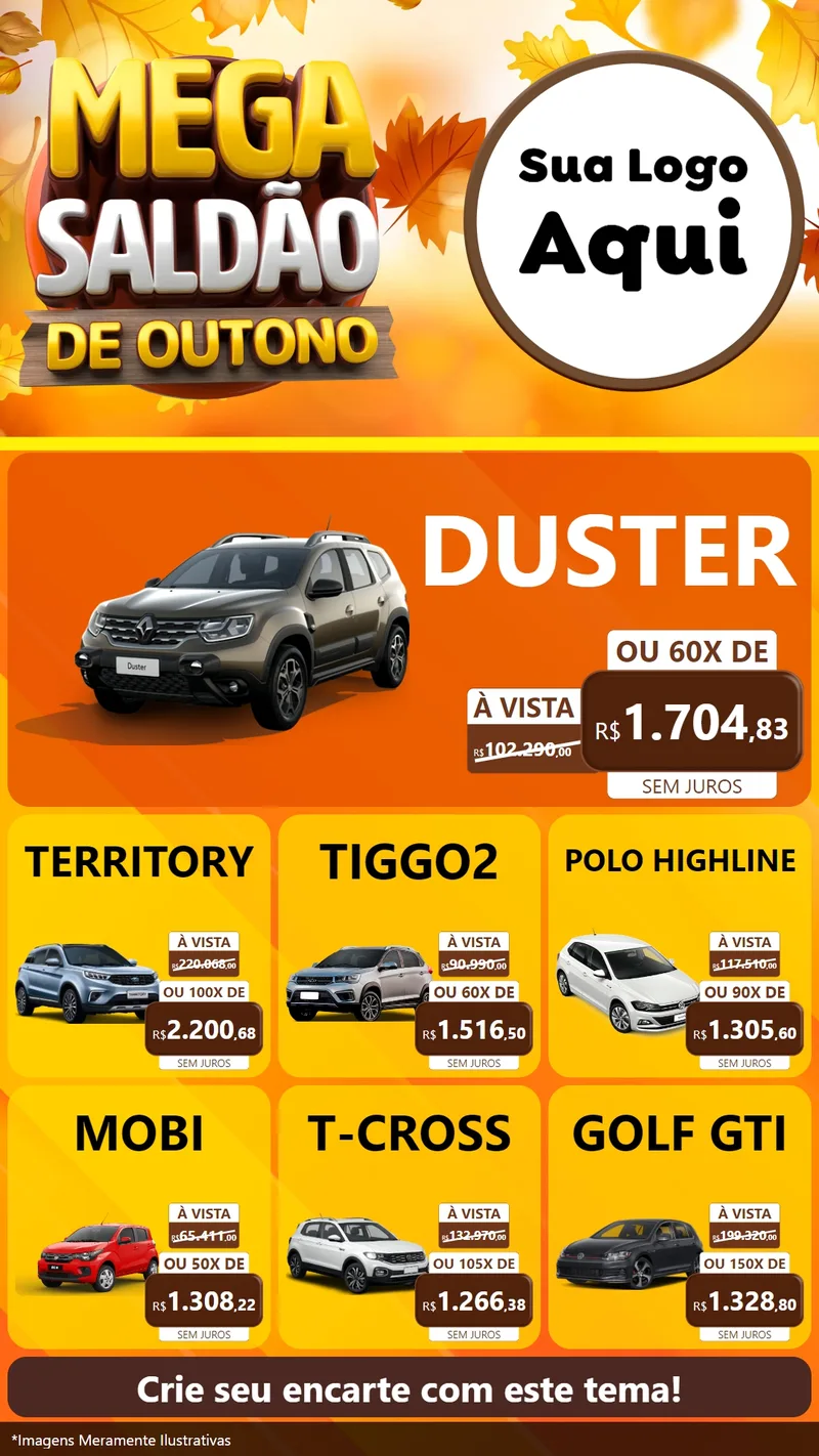 Modelo de Rede Social para Stories com o tema Mega Saldão de Outono para Concessionaria de Carros
