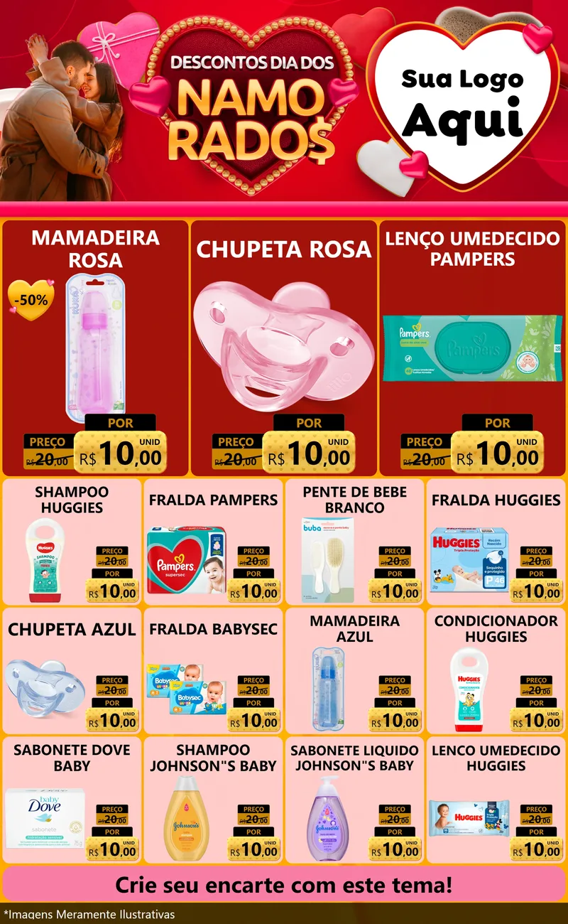 Modelo de Encarte para Encarte Grande com o tema Descontos Dia dos Namorados para Bebês