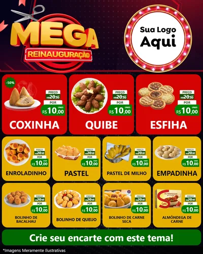 Modelo de Rede Social para Feed Instagram com o tema Mega Reinauguração para Salgadaria