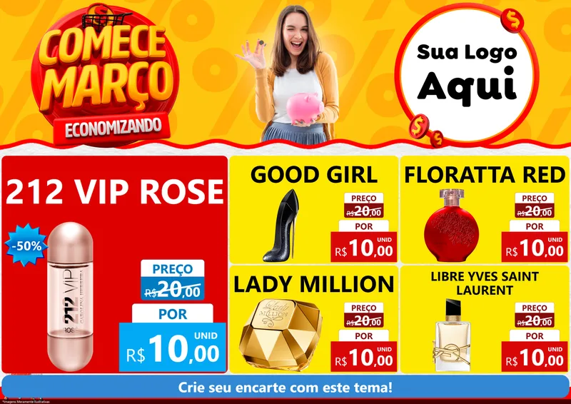 Modelo de Encarte para Encarte A4 Horizontal com o tema Comece Março Economizando para Perfumes
