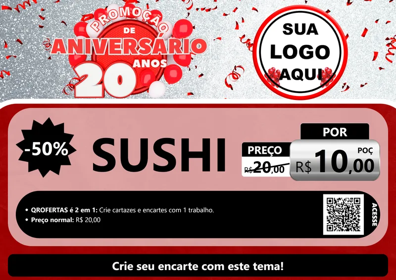 Modelo de Cartaz para Cartaz A4 Horizontal com o tema Promoção de Aniversário - 20 Anos para Comida japonesa