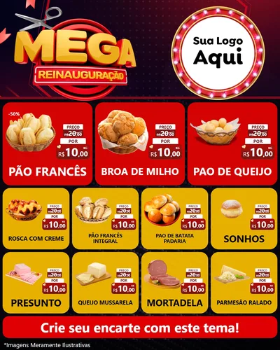 Modelo de Rede Social para Feed Instagram com o tema Mega Reinauguração para Padaria