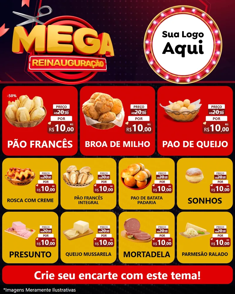 Modelo de Rede Social para Feed Instagram com o tema Mega Reinauguração para Padaria