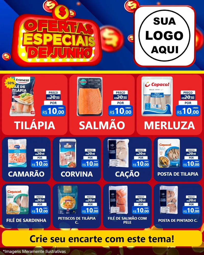 Modelo de Rede Social para Feed Instagram com o tema Ofertas Especiais de Junho para Peixaria