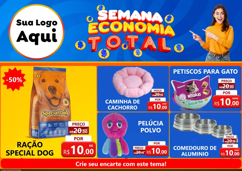 Modelo de Encarte para Encarte A4 Horizontal com o tema Semana Economia Total para Pet Shop