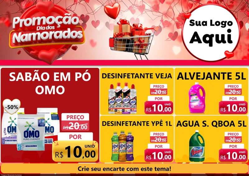 Modelo de Encarte para Encarte A4 Horizontal com o tema Promoção Dia dos Namorados para Produtos de Limpeza