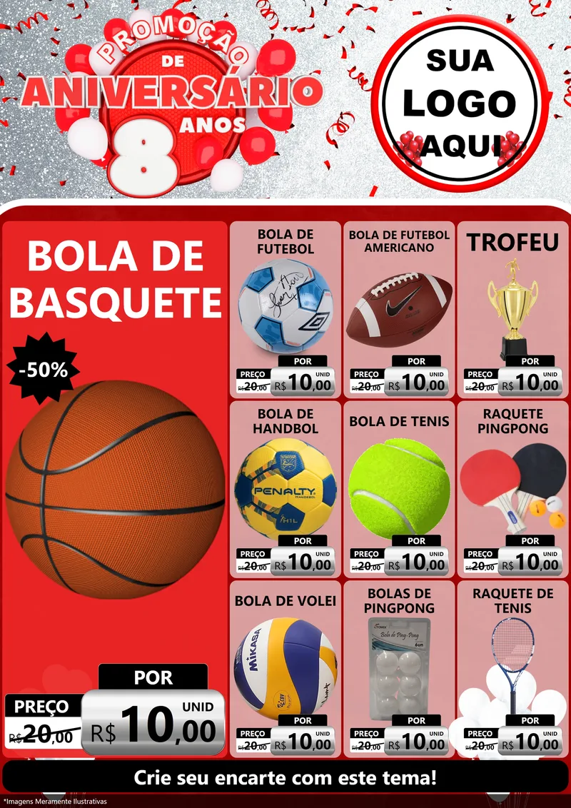 Modelo de Encarte para Encarte A4 Vertical com o tema Promoção de Aniversário - 8 Anos para Artigos Esportivos