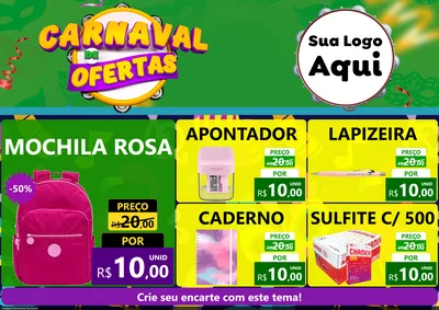 Modelo de Encarte para Encarte A4 Horizontal com o tema Carnaval de Ofertas para Papelaria
