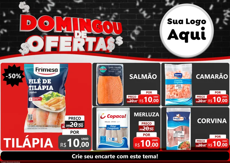 Modelo de Encarte para Encarte A4 Horizontal com o tema Domingou de Ofertas para Peixaria