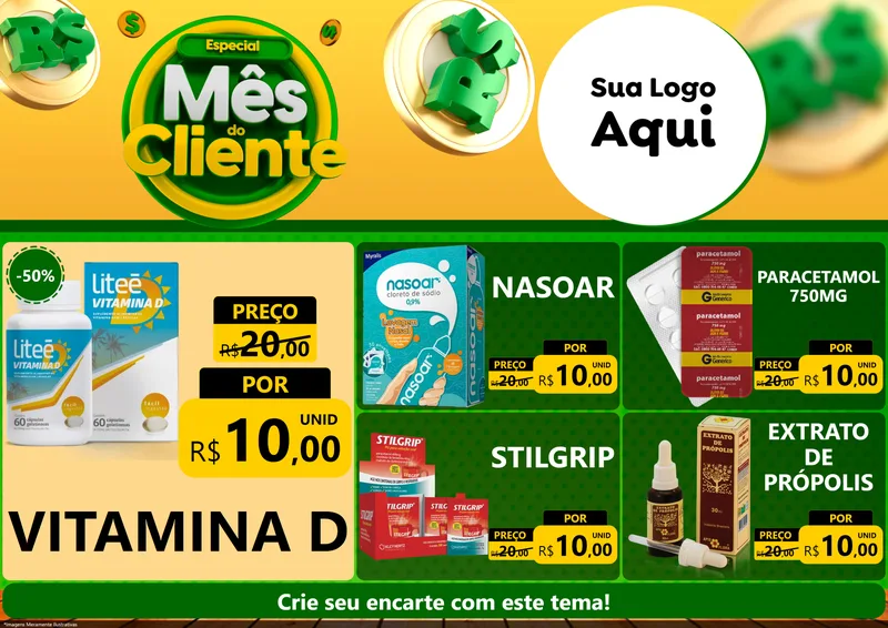 Modelo de Encarte para Encarte A4 Horizontal com o tema Especial Mês do Cliente para Farmácia