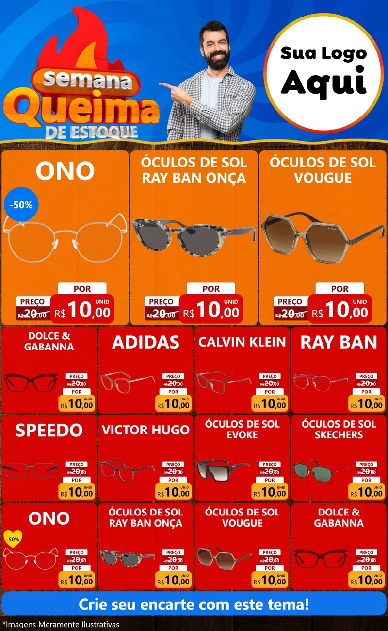 Modelo de Encarte para Encarte Grande com o tema Semana Queima de Estoque para Óticas