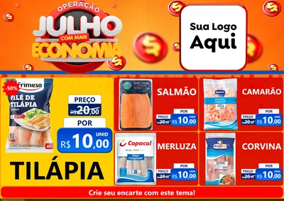 Modelo de Encarte para Encarte A4 Horizontal com o tema Operação Julho Com Mais Economia para Peixaria