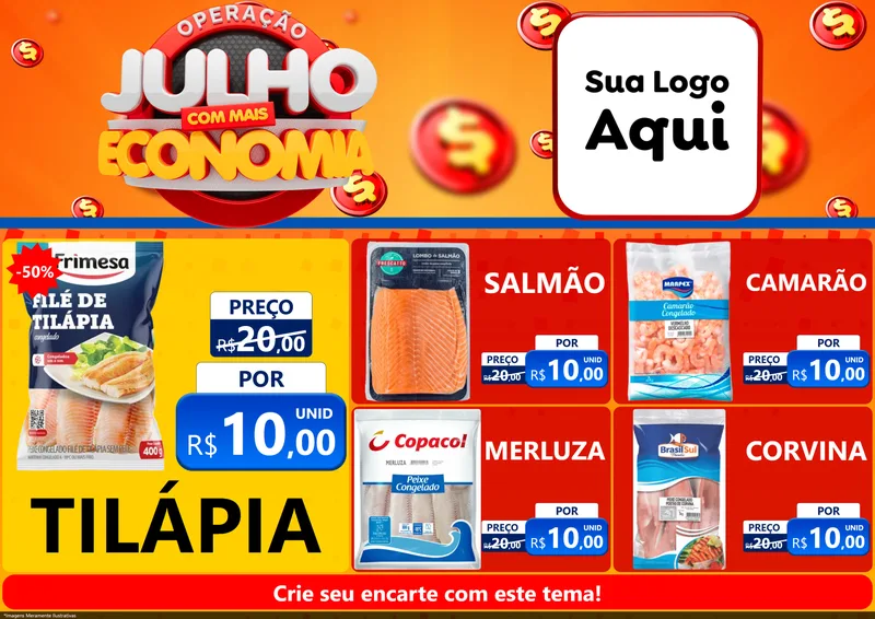 Modelo de Encarte para Encarte A4 Horizontal com o tema Operação Julho Com Mais Economia para Peixaria