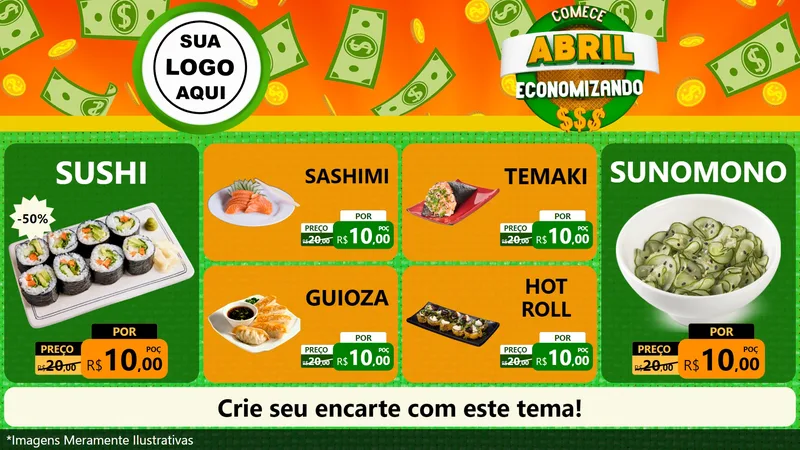 Modelo de TV para TV Horizontal com o tema Comece Abril Economizando para Comida japonesa