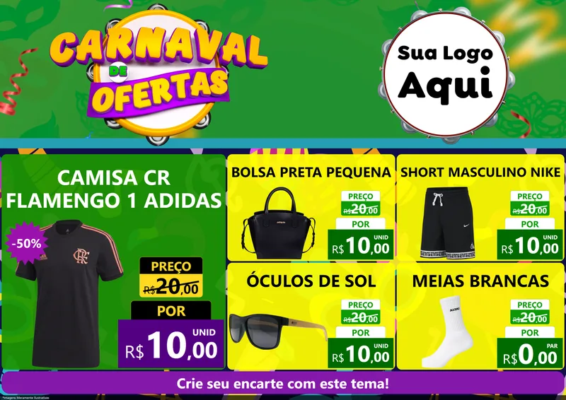 Modelo de Encarte para Encarte A4 Horizontal com o tema Carnaval de Ofertas para Roupas e acessórios
