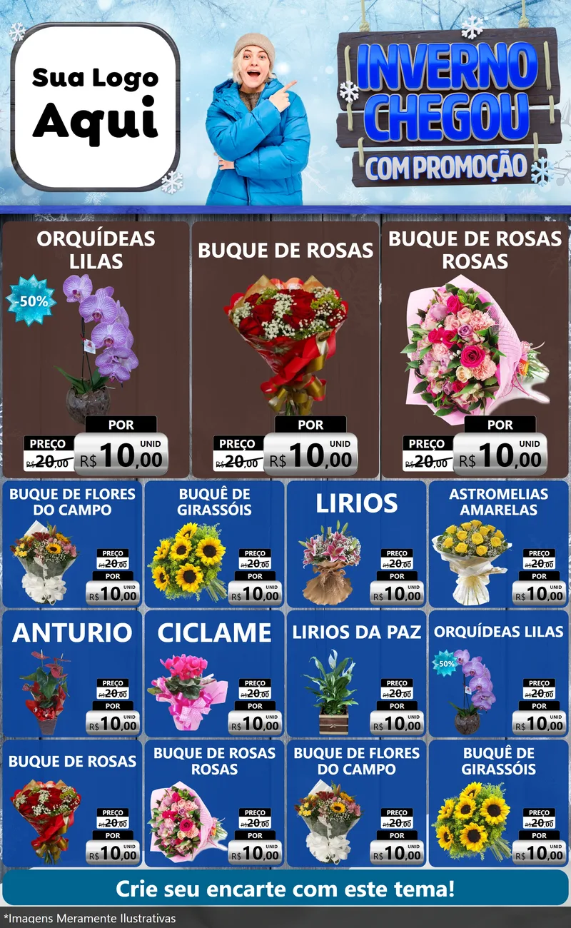Modelo de Encarte para Encarte Grande com o tema Inverno Chegou Com Promoção para Floricultura e jardim