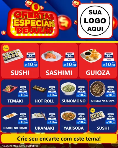Modelo de Rede Social para Feed Instagram com o tema Ofertas Especiais de Julho para Comida japonesa