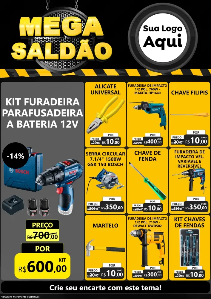 Modelo de Encarte para Encarte A4 Vertical com o tema Mega Saldão para Maquinas e Ferramentas