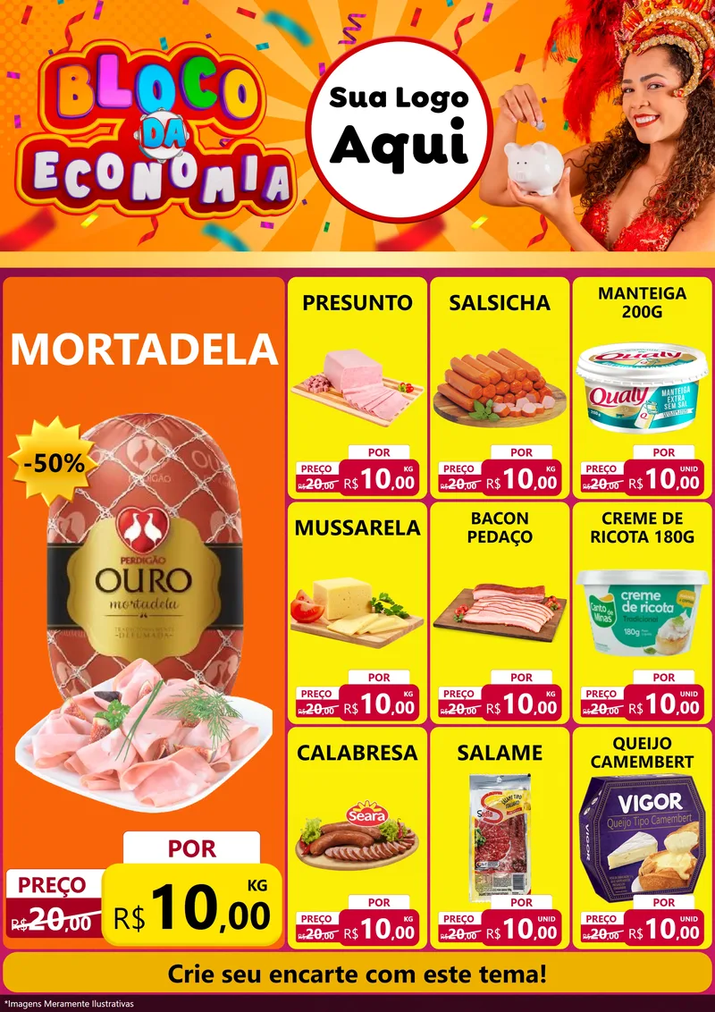 Modelo de Encarte para Encarte A4 Vertical com o tema Bloco da Economia para Frios e Laticínios