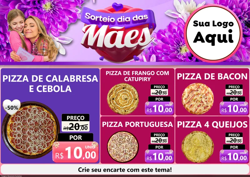 Modelo de Encarte para Encarte A4 Horizontal com o tema Sorteio Dia das Mães para Pizzaria
