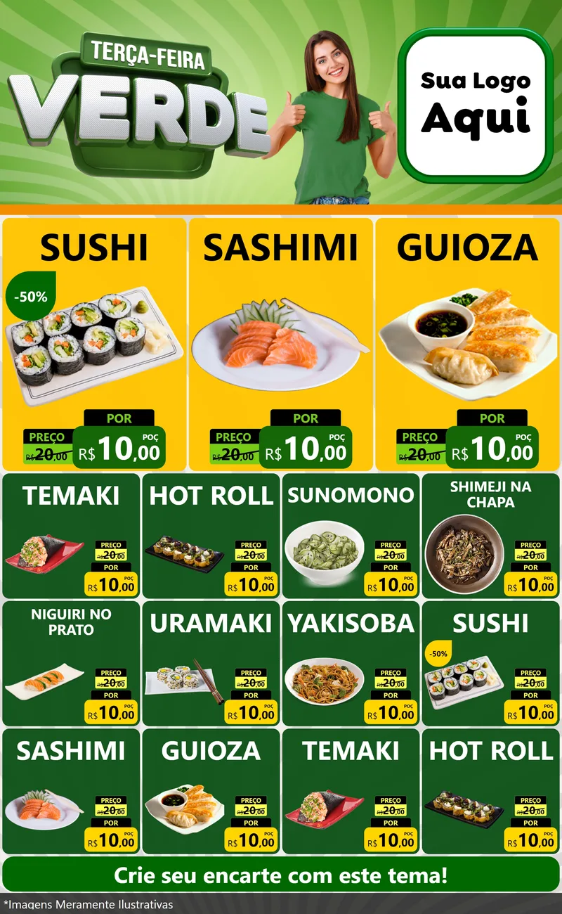 Modelo de Encarte para Encarte Grande com o tema Terça - Feira Verde para Comida japonesa