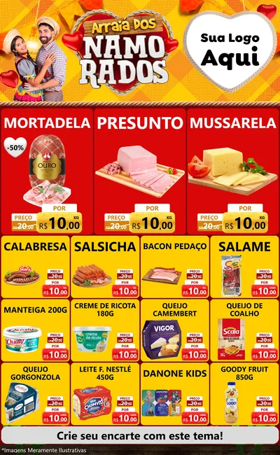 Modelo de Encarte para Encarte Grande com o tema Arraiá dos Namorados para Frios e Laticínios