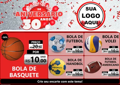 Modelo de Encarte para Encarte A4 Horizontal com o tema Promoção de Aniversário - 30 Anos para Artigos Esportivos