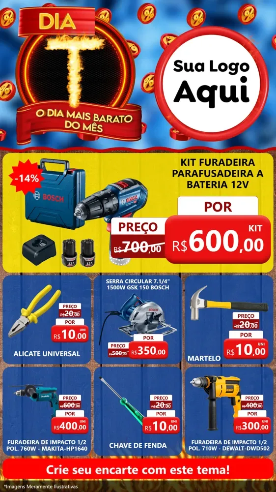 Modelo de Rede Social para Stories com o tema Dia T - O Dia Mais Barato Do Mês para Maquinas e Ferramentas