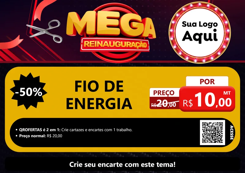 Modelo de Cartaz para Cartaz A4 Horizontal com o tema Mega Reinauguração para Materiais Elétricos