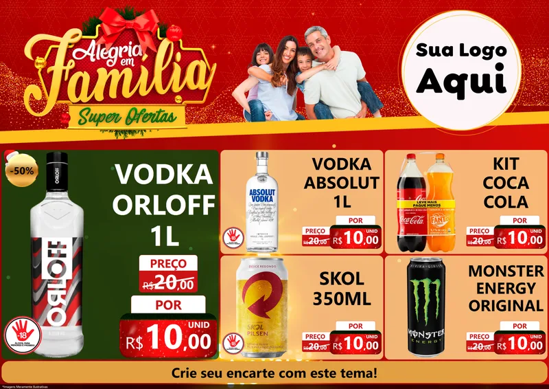 Modelo de Encarte para Encarte A4 Horizontal com o tema Alegria em Família Super Ofertas - Natal para Distribuidora de bebidas
