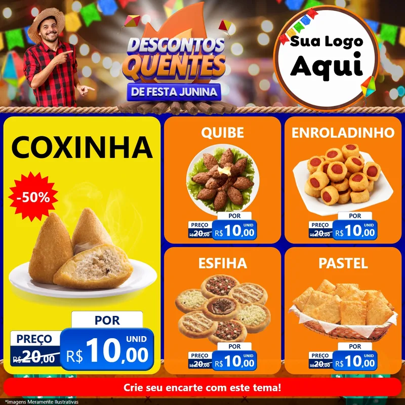 Modelo de Rede Social para Feed Facebook com o tema Descontos Quentes de Festa Junina para Salgadaria