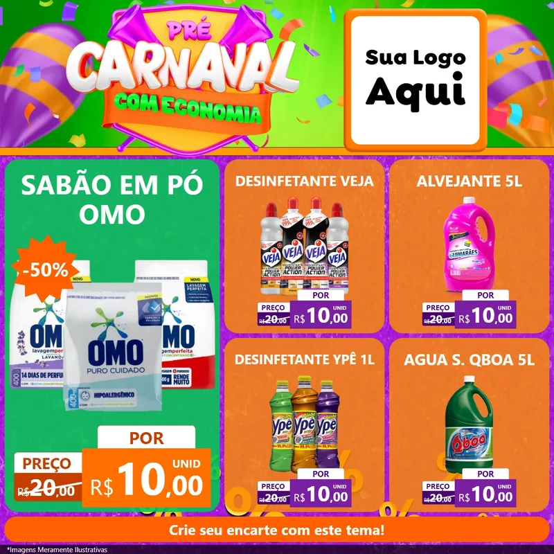 Modelo de Rede Social para Feed Facebook com o tema Pré-Carnaval Com Economia para Produtos de Limpeza