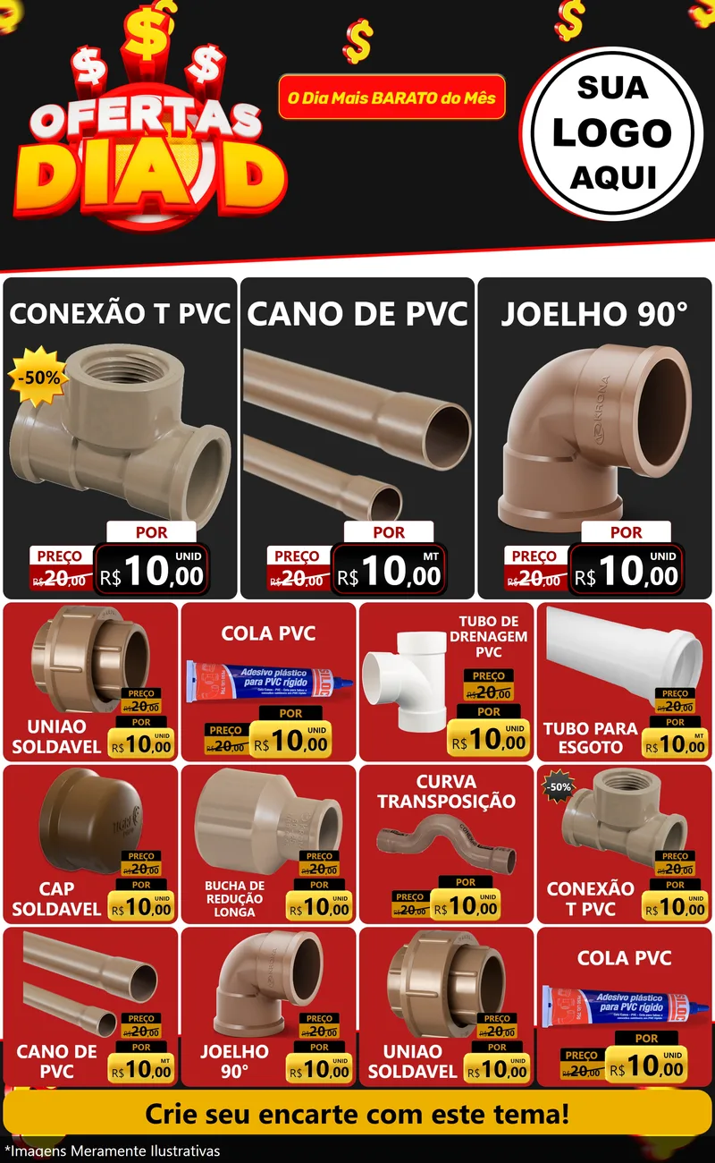 Modelo de Encarte para Encarte Grande com o tema Ofertas Dia D para Tubos e conexões