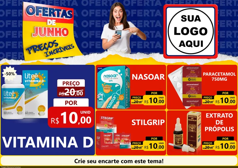 Modelo de Encarte para Encarte A4 Horizontal com o tema Ofertas de Junho - Preços Incríveis para Farmácia