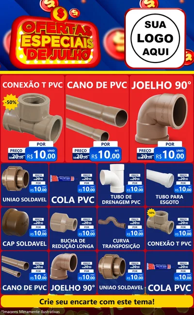 Modelo de Encarte para Encarte Grande com o tema Ofertas Especiais de Julho para Tubos e conexões