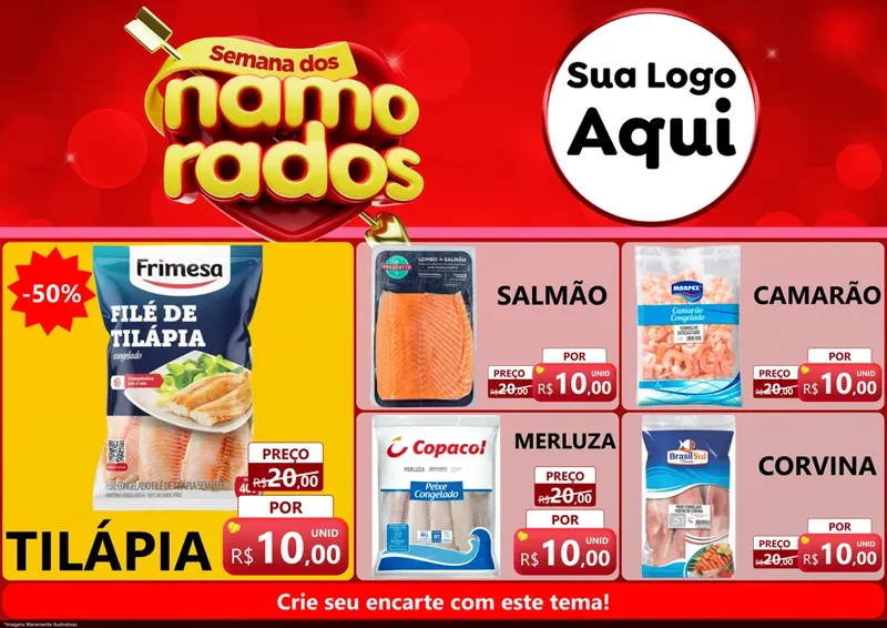 Modelo de Encarte para Encarte A4 Horizontal com o tema Semana dos namorados para Peixaria