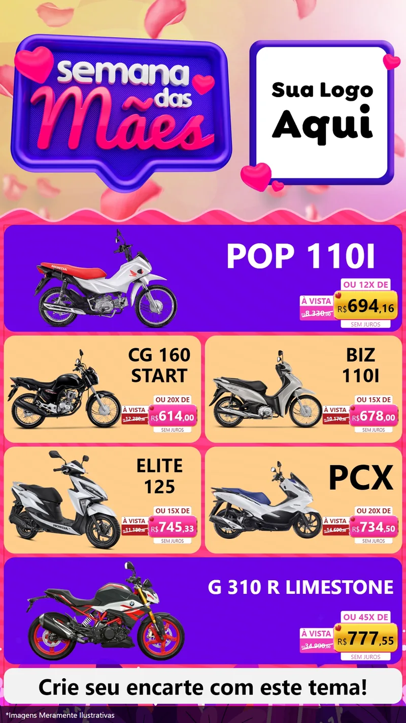 Modelo de TV para TV Vertical com o tema Semana das Mães para Concessionaria de Motos