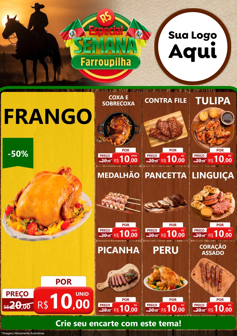 Modelo de Encarte para Encarte A4 Vertical com o tema Especial Semana Farroupilha para Assados
