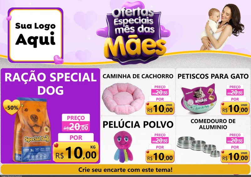 Modelo de Encarte para Encarte A4 Horizontal com o tema Ofertas Especiais - Mês das Mães para Pet Shop