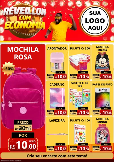 Modelo de Encarte para Encarte A4 Vertical com o tema Réveillon com Economia para Papelaria