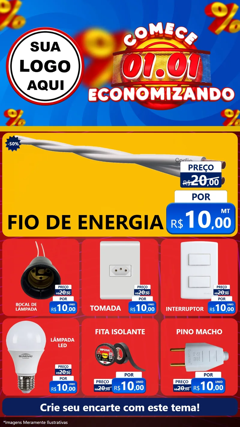Modelo de Rede Social para Stories com o tema Comece 1º de Janeiro Economizando para Materiais Elétricos